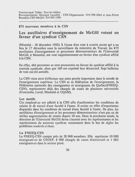 Communiqué de presse annonçant la certification de l’AÉÉDEM au sein de la CSN (1992). Archives de l’AÉÉDEM, Vol. 6.1 &ldquo;AGSEM Certification.&rdquo;