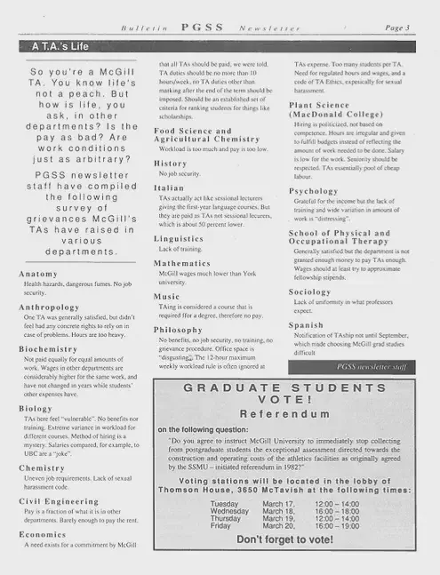 Sondage de l’AÉCSUM sur les griefs des auxiliaires d’enseignement dans divers départements à McGIll, PGSS Newsletter Vol. 8 No. 5 (mars 1992). Archives de l’AÉÉDEM, Vol. 4.1 &ldquo;Posters and Communications.&rdquo;