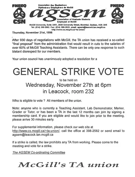 AGSEM general strike vote announcement (November 1996). AGSEM Archives, Vol. 3.1 &ldquo;TA strike correspondence and flyers.&rdquo; AGSEM Archives, Vol. 4.1 &ldquo;Posters and Communications.&rdquo;