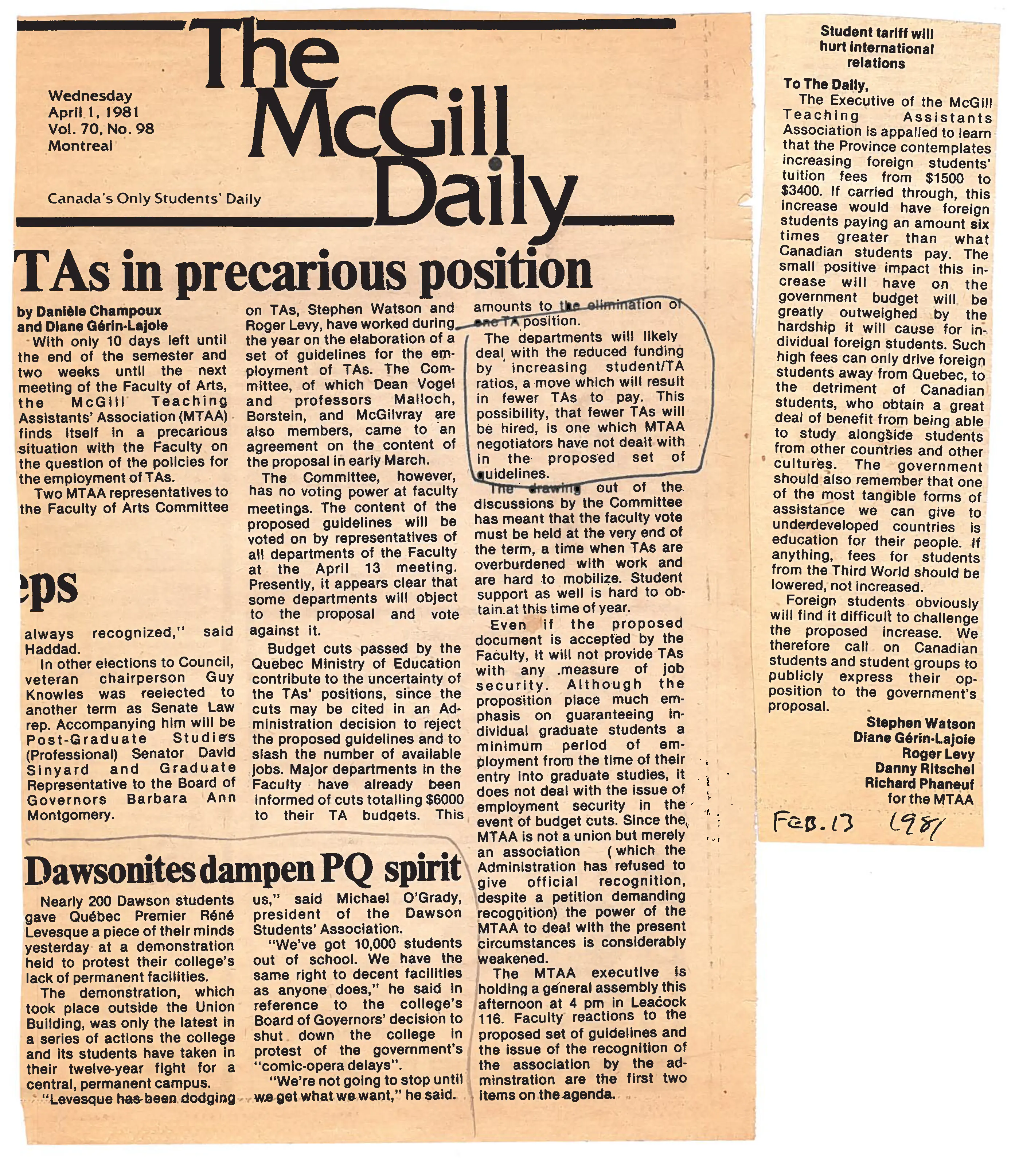 The McGill Daily: Tas in precarious position. April 1 1981.