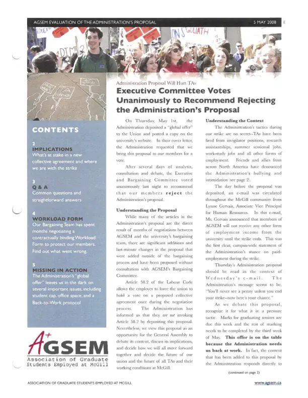 “AGSEM Evaluation of the Administration’s Proposal,” AGSEM Newsletter (mai 2008). Archives de l’AÉÉDEM, Vol. 3.1 “‘2008 Bargaining Bulletins and Newsletters.”