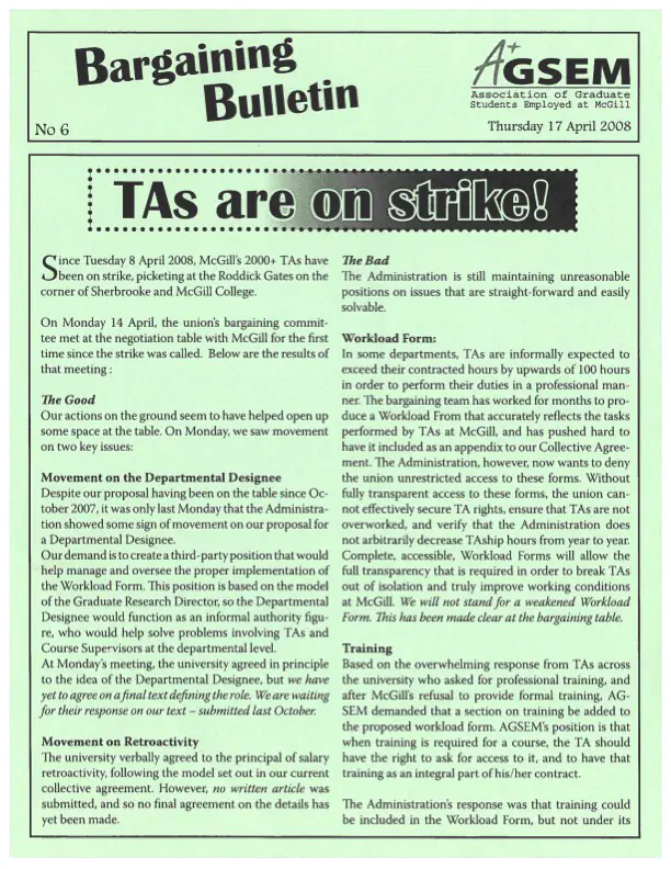 “TAs are on strike!” AGSEM Bargaining Bulletin (avril 2008). Archives de l’AÉÉDEM, Vol. 3.1 “Bargaining and Strike Documents Distributed Widely.”