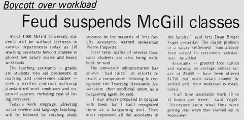 &ldquo;Boycott over Workload. Feud suspends McGill classes.&rdquo; Montreal Gazette (February 4, 1976), 3.