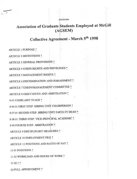First AGSEM Collective Agreement with McGill (March 1998). AGSEM Archives, Vol. 3.1 &ldquo;First Collective Agreement TA Bargaining.&rdquo;