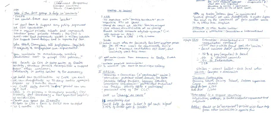 Handwritten notes by an AGSEM organizer from meetings with different potential parent unions: CEQ, OPEIU, CSN (1991). AGSEM Archives, Vol. 4.1 &ldquo;Affiliation to CSN.&rdquo;