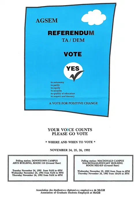 Poster advertising referendum to certify with CSN (November 1992). AGSEM Archives, Vol. 4.1 “Posters and Communications.”